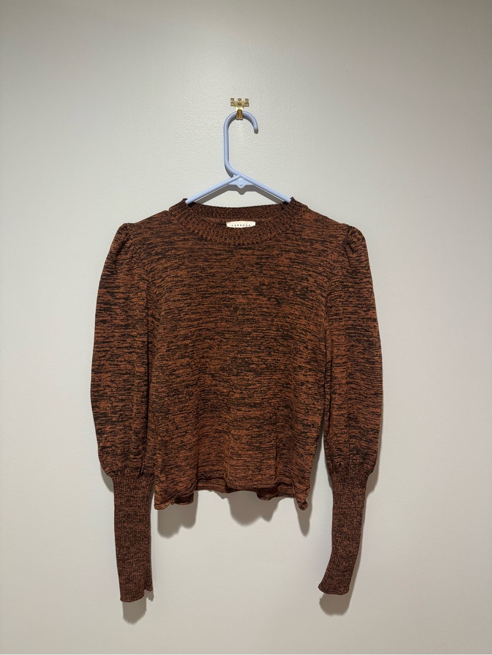 Topshop Marled Rust Black Knit Sweater Size 4/6 Puff Shoulder Crew Neck Ribbed